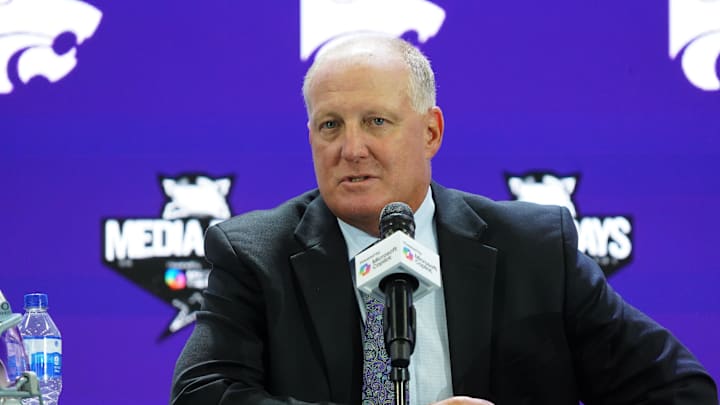 Jul 8, 2025; Frisco, TX, USA; Kansas State head coach Chris Klieman addresses the media during 2025 Big 12 Football Media Days at The Star. Mandatory Credit: Raymond Carlin III-Imagn Images