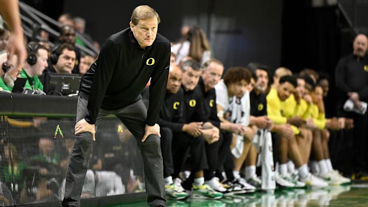Jan 18, 2025; Eugene, Oregon, USA; Oregon Ducks head coach Dana Altman watches the game action during the first half against the Purdue Boilermakers at Matthew Knight Arena. Mandatory Credit: Craig Strobeck-Imagn Images
