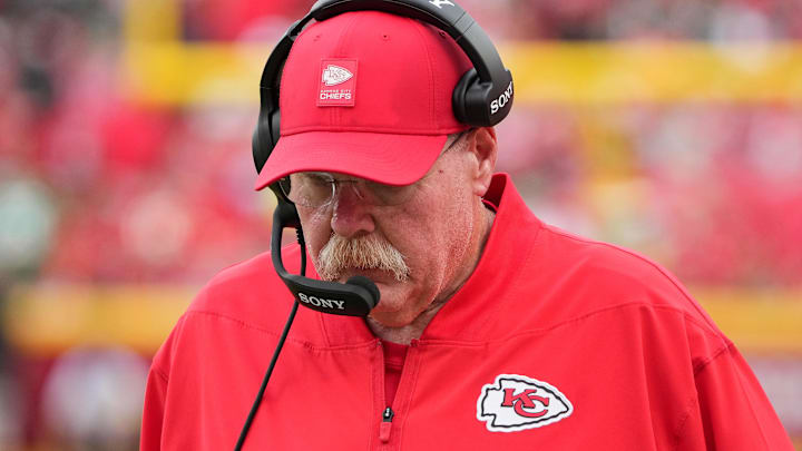 Sep 14, 2025; Kansas City, Missouri, USA; Kansas City Chiefs head coach Andy Reid looks on during the third quarter of the game against the Philadelphia Eagles at GEHA Field at Arrowhead Stadium. Mandatory Credit: Denny Medley-Imagn Images