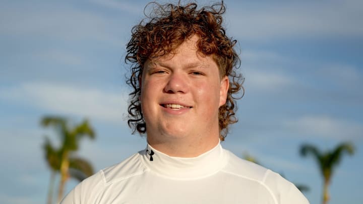 (#43) Breck Kolojay, OL, 6'6, 317 pounds, for the white team, Class of 2026, during IMG's Academy Pro Day held at IMG's football field in Bradenton, FL on Thursday, Feb, 27, 2025.