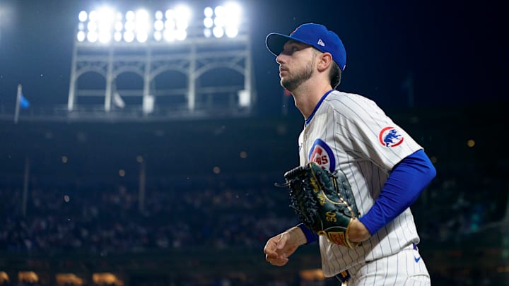 Kyle Tucker takes the field for the Chicago Cubs against the Pittsburgh Pirates at Wrigley Field. 