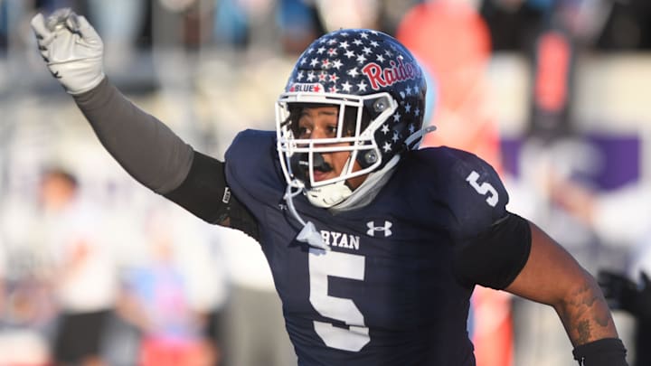 Denton Ryan's Uzziah Warmate reacts after a safety against Monterey in a Class 5A Division I area playoff football game Saturday, Nov. 23, 2024, at Wildcat Stadium in Abilene.