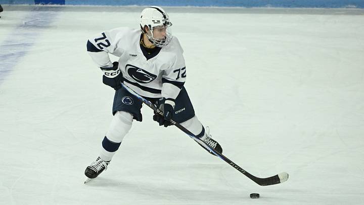 Oct 10, 2025; University Park, PA, USA; Penn State Nittany Lions forward Gavin McKenna (72) controls the puck in the first period of a game against the Clarkson Golden Knights at Pegula Ice Arena. Mandatory Credit: Barry Reeger-Imagn Images