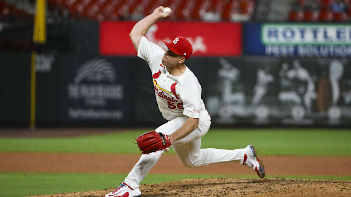 Jul 8, 2025; St. Louis, Missouri, USA; St. Louis Cardinals relief pitcher Ryan Helsley (56) pitches against the Washington Nationals during the ninth inning at Busch Stadium. Mandatory Credit: Jeff Curry-Imagn Images Jul 8, 2025; St. Louis, Missouri, USA; St. Louis Cardinals relief pitcher Ryan Helsley (56) pitches against the Washington Nationals during the ninth inning at Busch Stadium. Mandatory Credit: Jeff Curry-Imagn Images