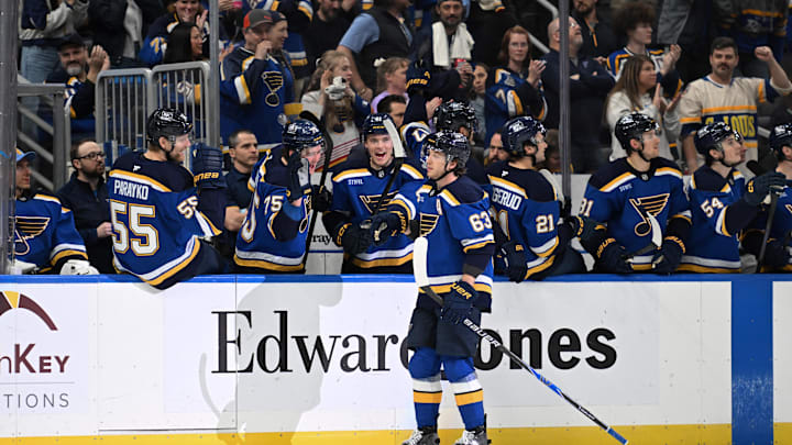 Apr 13, 2026; St. Louis, Missouri, USA; St. Louis Blues left wing Jake Neighbours (63) is congratulated after scoring against the Minnesota Wild in the third period at Enterprise Center. Mandatory Credit: Joe Puetz-Imagn Images