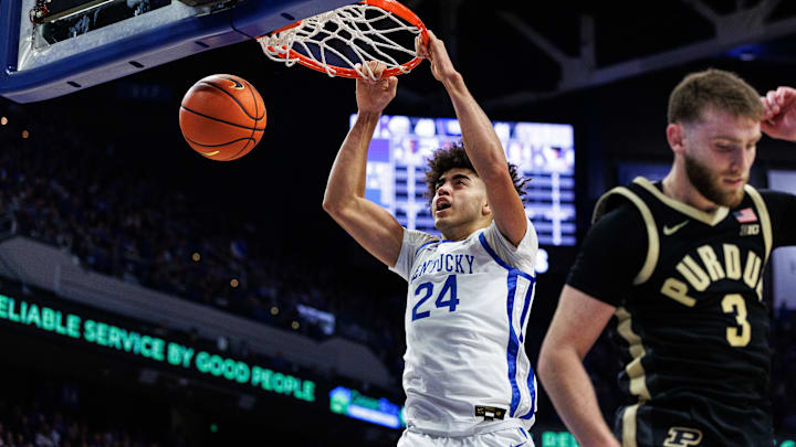 Oct 24, 2025; Lexington, KY, USA; Kentucky Wildcats center Malachi Moreno (24) dunks the ball during the second half against the Purdue Boilermakers at Rupp Arena at Central Bank Center. Mandatory Credit: Jordan Prather-Imagn Images Oct 24, 2025; Lexington, KY, USA; Kentucky Wildcats center Malachi Moreno (24) dunks the ball during the second half against the Purdue Boilermakers at Rupp Arena at Central Bank Center. Mandatory Credit: Jordan Prather-Imagn Images
