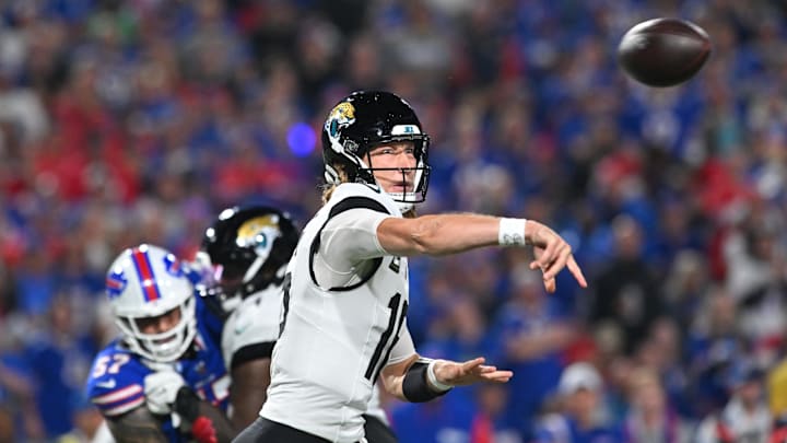 Sep 23, 2024; Orchard Park, New York, USA; Jacksonville Jaguars quarterback Trevor Lawrence (16) throws a pass in the first quarter against the Buffalo Bills at Highmark Stadium. Mandatory Credit: Mark Konezny-Imagn Images