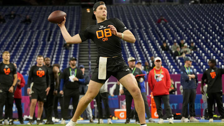 Mar 1, 2025; Indianapolis, IN, USA; Notre Dame quarterback Riley Leonard (QB08) during the 2025 NFL Combine at Lucas Oil Stadium. Mandatory Credit: Kirby Lee-Imagn Images