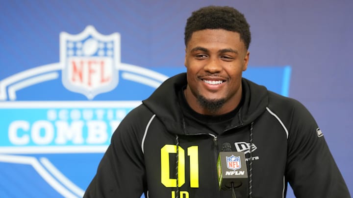 Georgia linebacker CJ Allen (LB01) speaks during the NFL Scouting Combine at the Indiana Convention Center.