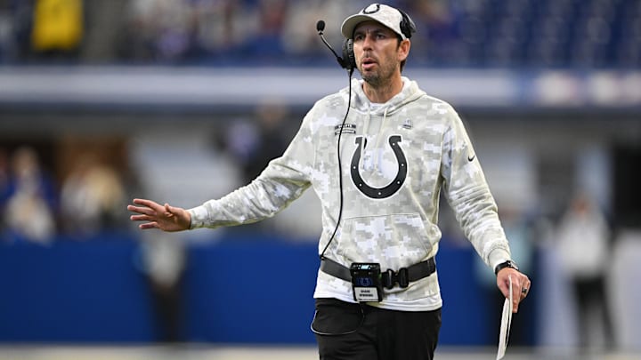 Nov 10, 2024; Indianapolis, Indiana, USA;  Indianapolis Colts Indianapolis Colts head coach Shane Steichen walks on the field during the second half against the Buffalo Bills at Lucas Oil Stadium. Mandatory Credit: Marc Lebryk-Imagn Images
