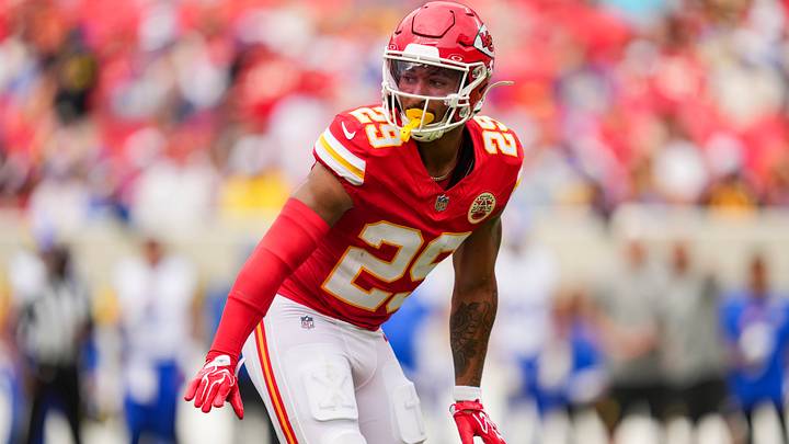 Aug 15, 2026; Kansas City, Missouri, USA; Kansas City Chiefs safety Xavier Nwankpa (29) defends during the second half against the Los Angeles Rams at Arrowhead Stadium. Mandatory Credit: Jay Biggerstaff-Imagn Images