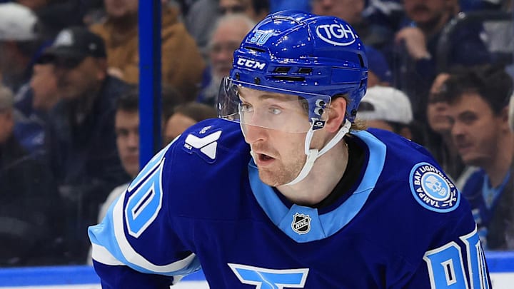 Feb 5, 2026; Tampa, Florida, USA;Tampa Bay Lightning defenseman J.J. Moser (90) skates against the Florida Panthers during the second period at Benchmark International Arena. Mandatory Credit: Kim Klement Neitzel-Imagn Images