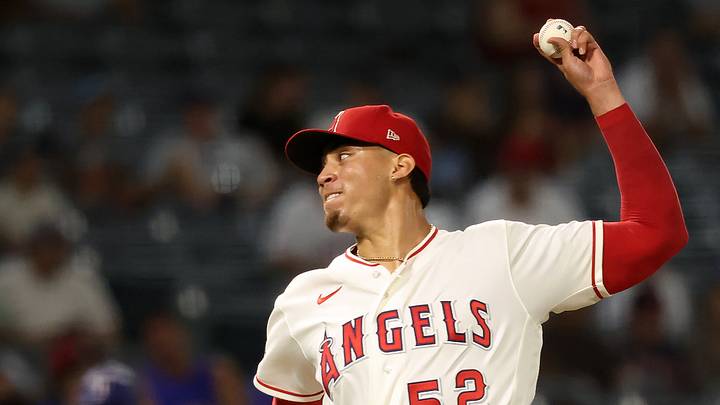 Aug 11, 2026; Anaheim, California, USA; Los Angeles Angels pitcher Samy Natera Jr. (52) pitches during the ninth inning against the Texas Rangers at Angel Stadium. Mandatory Credit: Kiyoshi Mio-Imagn Images Aug 11, 2026; Anaheim, California, USA; Los Angeles Angels pitcher Samy Natera Jr. (52) pitches during the ninth inning against the Texas Rangers at Angel Stadium. Mandatory Credit: Kiyoshi Mio-Imagn Images