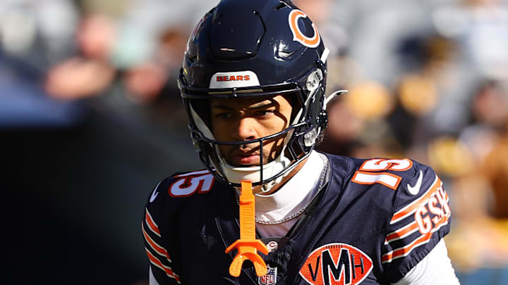 Nov 23, 2025; Chicago, Illinois, USA; Chicago Bears wide receiver Rome Odunze (15) practices before the game against the Pittsburgh Steelers at Soldier Field.