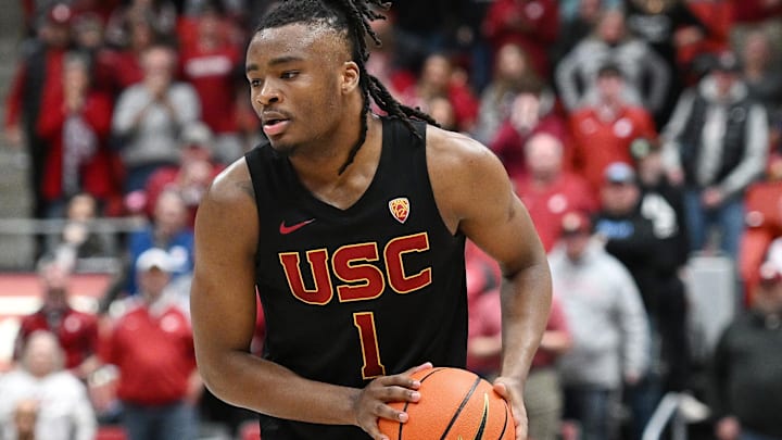 Feb 29, 2024; Pullman, Washington, USA; USC Trojans guard Isaiah Collier (1) controls the ball against Washington State. 