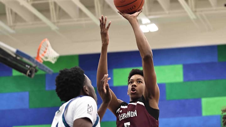 Lebanon forward Anthony Thompson (5) shoots the ball during their during their 50-61 loss to Winton Woods Friday, Jan. 5, 2024.
