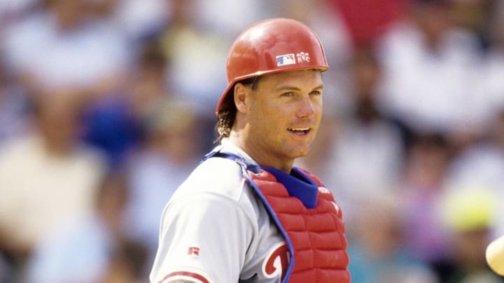 1994, Unknown location, USA; FILE PHOTO; Philadelphia Phillies catcher Darren Daulton on the field during the 1994 season. Mandatory Credit: RVR Photos-Imagn Images