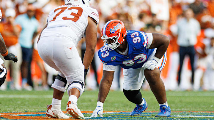 Oct 4, 2025; Gainesville, Florida, USA; Florida Gators defensive lineman Michai Boireau (93) waits for the snap against the Texas Longhorns during the second half at Ben Hill Griffin Stadium. Mandatory Credit: Matt Pendleton-Imagn Images Oct 4, 2025; Gainesville, Florida, USA; Florida Gators defensive lineman Michai Boireau (93) waits for the snap against the Texas Longhorns during the second half at Ben Hill Griffin Stadium. Mandatory Credit: Matt Pendleton-Imagn Images