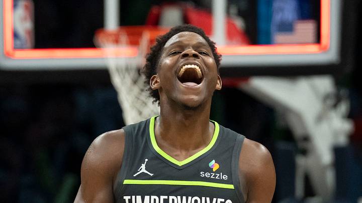 Jan 11, 2026; Minneapolis, Minnesota, USA; Minnesota Timberwolves guard Anthony Edwards (5) celebrates after defeating the San Antonio Spurs at Target Center. Mandatory Credit: Jesse Johnson-Imagn Images