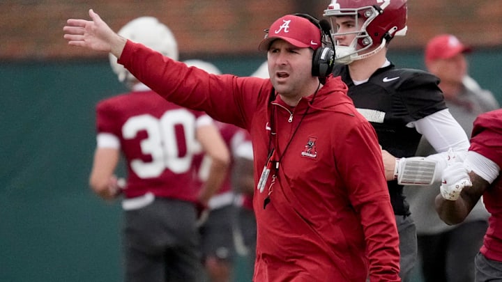 Mar 5, 2025; Tuscaloosa, AL, USA; Quarterbacks coach Nick Sheridan directs his players during Spring Practice for the Crimson Tide.