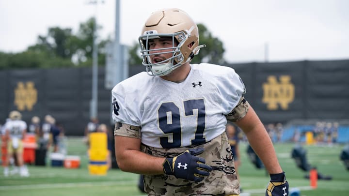 Gabriel Rubio DL of the Fighting Irish at Notre Dame football practice at the Irish Athletic Center on August 7, 2023.
