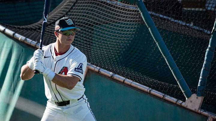 Second baseman, Tommy Troy warms up for batting practice during the Arizona Fall League media day at Scottsdale Stadium on Oct. 4, 2024, in Scottsdale, Arizona.