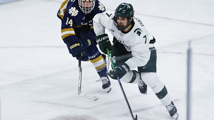 David Gucciardi of MSU moves the puck against Maddox Fleming of Notre Dame, Saturday, Nov. 15, 2024, at Munn Ice Arena. MSU won 4-3 to sweep the series.