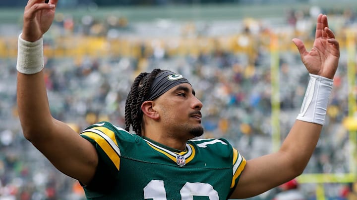 Green Bay Packers quarterback Jordan Love celebrates as he walks off the field after a victory over the Cardinals on Sunday. Green Bay Packers quarterback Jordan Love celebrates as he walks off the field after a victory over the Cardinals on Sunday.
