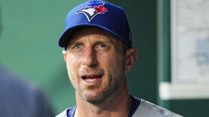 Sep 19, 2025; Kansas City, Missouri, USA; Toronto Blue Jays starting pitcher Max Scherzer (31) reacts after exiting the game during the first inning against the Kansas City Royals at Kauffman Stadium. Mandatory Credit: Jay Biggerstaff-Imagn Images Sep 19, 2025; Kansas City, Missouri, USA; Toronto Blue Jays starting pitcher Max Scherzer (31) reacts after exiting the game during the first inning against the Kansas City Royals at Kauffman Stadium. Mandatory Credit: Jay Biggerstaff-Imagn Images