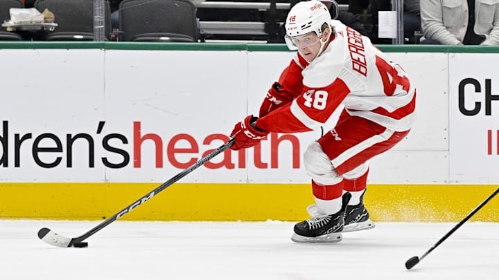 Dec 11, 2023; Dallas, Texas, USA; Detroit Red Wings right wing Jonatan Berggren (48) in action