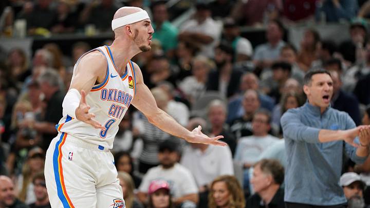 May 28, 2026; San Antonio, Texas, USA; Oklahoma City Thunder guard Alex Caruso (9) reacts to no call by the referee against the San Antonio Spurs during game six of the western conference finals for the 2026 NBA playoffs at Frost Bank Center.