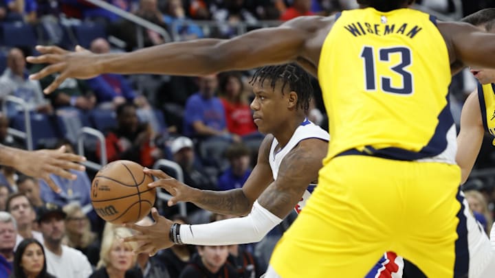 Oct 23, 2024; Detroit, Michigan, USA;  Detroit Pistons guard Marcus Sasser (25) passes in the first half against the Indiana Pacers at Little Caesars Arena. Mandatory Credit: Rick Osentoski-Imagn Images
