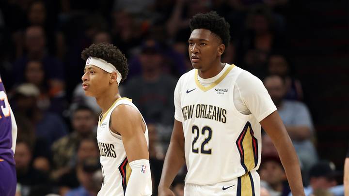 Nov 10, 2025; Phoenix, Arizona, USA; New Orleans Pelicans guard Jeremiah Fears (0) and center Derik Queen (22) against the Phoenix Suns at the Mortgage Matchup Center. Mandatory Credit: Mark J. Rebilas-Imagn Images Nov 10, 2025; Phoenix, Arizona, USA; New Orleans Pelicans guard Jeremiah Fears (0) and center Derik Queen (22) against the Phoenix Suns at the Mortgage Matchup Center. Mandatory Credit: Mark J. Rebilas-Imagn Images