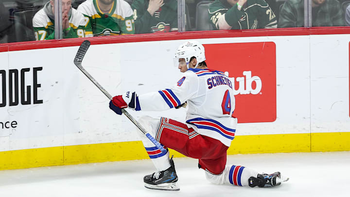 Mar 13, 2025; Saint Paul, Minnesota, USA; New York Rangers defenseman Braden Schneider (4) celebrates his game winning goal against the Minnesota Wild during overtime at Xcel Energy Center. Mandatory Credit: Matt Krohn-Imagn Images Mar 13, 2025; Saint Paul, Minnesota, USA; New York Rangers defenseman Braden Schneider (4) celebrates his game winning goal against the Minnesota Wild during overtime at Xcel Energy Center. Mandatory Credit: Matt Krohn-Imagn Images