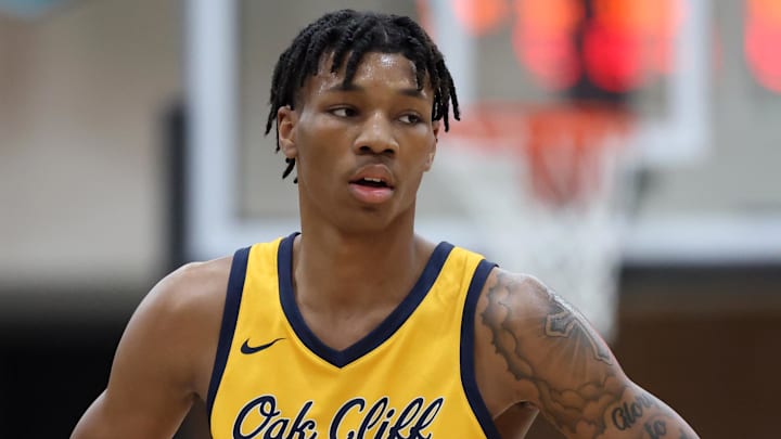Jan 4, 2025; Gilbert, AZ, USA; Oak Cliff Faith Family Academy (TX) forward Davion Adkins (25) against Utah Prep Academy during the Hoophall West High School Invitational at Highland High School. Mandatory Credit: Mark J. Rebilas-Imagn Images
