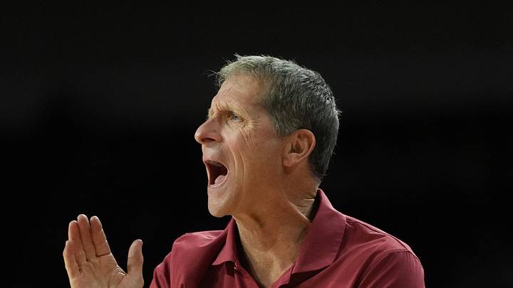 Jan 31, 2026; Los Angeles, California, USA; Southern California Trojans head coach Eric Musselman reacts against the Rutgers Scarlet Knights in the second half at Galen Center. 