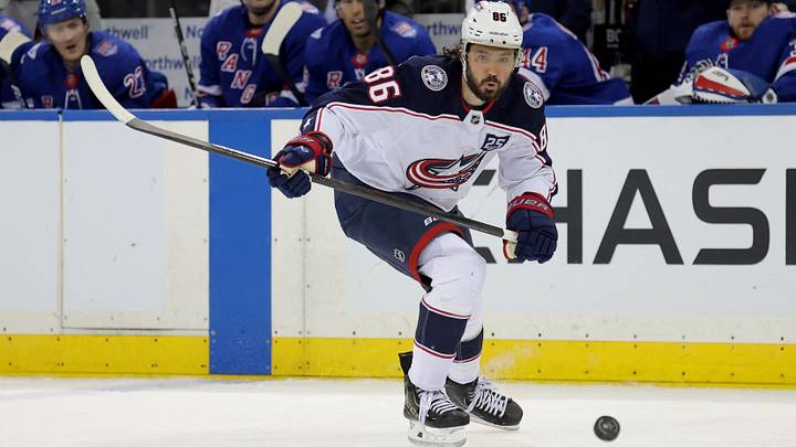 Mar 2, 2026; New York, New York, USA; Columbus Blue Jackets right wing Kirill Marchenko (86) plays the puck against the New York Rangers during the third period at Madison Square Garden. Mandatory Credit: Brad Penner-Imagn Images