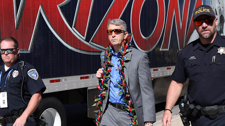 Oct 12, 2024; Provo, Utah, USA; Arizona Wildcats head coach Brent Brennan arrives before the game against the Brigham Young Cougars at LaVell Edwards Stadium. Mandatory Credit: Rob Gray-Imagn Images