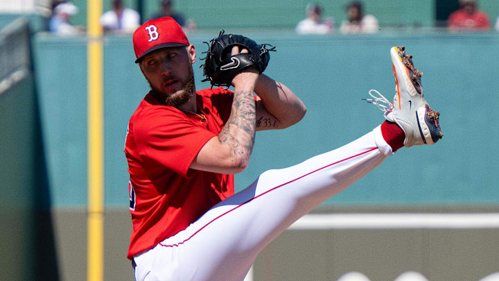 Feb 23, 2025; Fort Myers, Florida, USA; Boston Red Sox pitcher Garrett Crochet (35) pitching in the first inning of their game against the Toronto Blue Jays at JetBlue Park at Fenway South. Mandatory Credit: Chris Tilley-Imagn Images