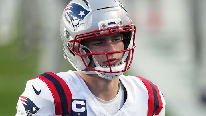 Feb 8, 2026; Santa Clara, CA, USA; New England Patriots quarterback Drake Maye (10) during halftime against the Seattle Seahawks in Super Bowl LX at Levi's Stadium.