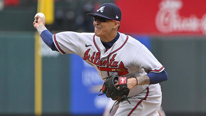 Apr 5, 2023; St. Louis, Missouri, USA;  Atlanta Braves relief pitcher Jesse Chavez (60) pitches