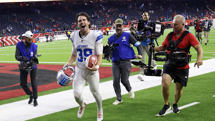 Detroit Lions place kicker Jake Bates (39) runs off the field after making the winning field goal against the Houston Texans  at NRG Stadium.