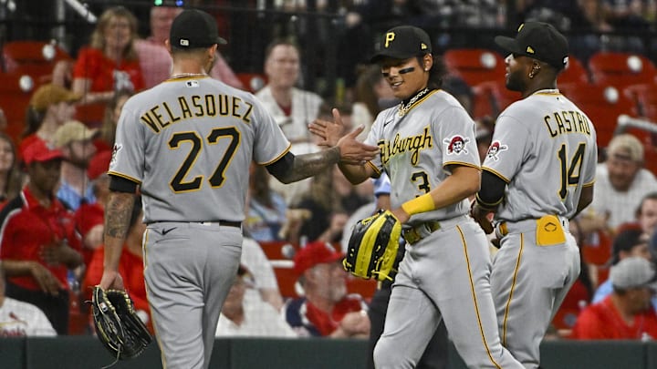 Apr 13, 2023; St. Louis, Missouri, USA;  Pittsburgh Pirates center fielder Ji Hwan Bae (3) is