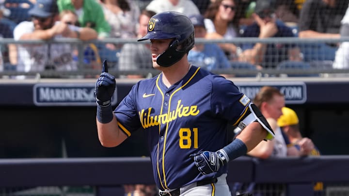 Feb 24, 2024; Peoria, Arizona, USA; Milwaukee Brewers designated hitter Wes Clarke (81) runs the bases after hitting a home run against the San Diego Padres during the second inning of a Spring Training game at Peoria Sports Complex. 
