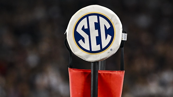 Nov 16, 2024; College Station, Texas, USA; A detail view of the SEC logo on a chain marker during the game between the Texas A&M Aggies and the New Mexico State Aggies at Kyle Field.