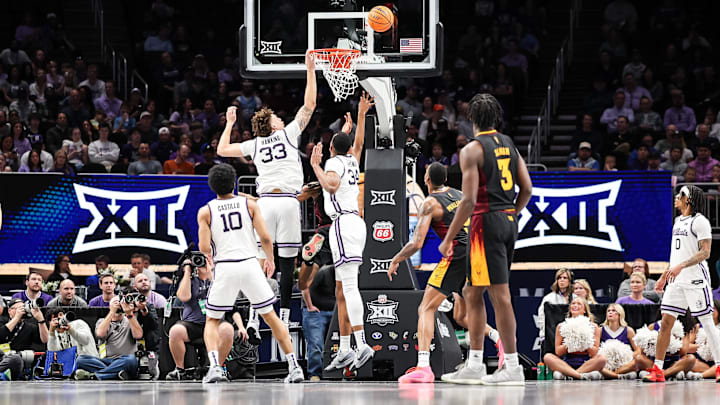 Kansas State Wildcats guard Coleman Hawkins (33) goes after a rebound during the first half against the Arizona State Sun Devils at T-Mobile Center. Kansas State Wildcats guard Coleman Hawkins (33) goes after a rebound during the first half against the Arizona State Sun Devils at T-Mobile Center.
