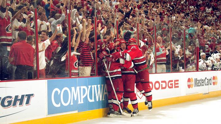 Jun 19, 2006; Raleigh, NC, USA; Carolina Hurricanes center Eric Staal and teammates celebrate following their goal against the Edmonton Oilers during the 2006 Stanley Cup Finals at RBC Center. Credit: Lou Capozzola-USA TODAY NETWORK