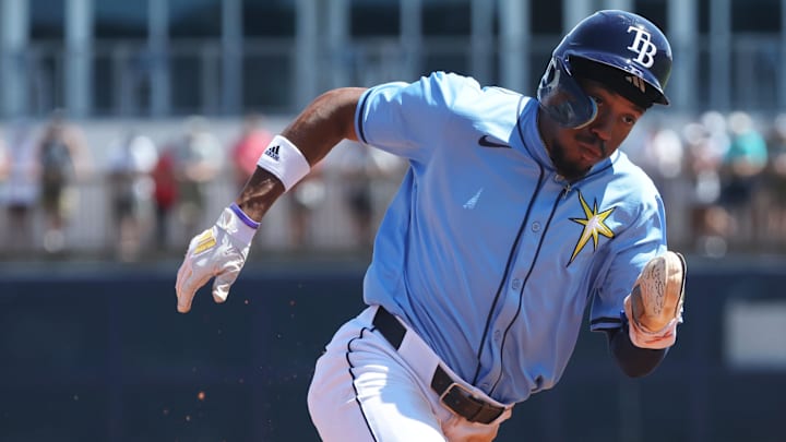 Mar 15, 2025; Port Charlotte, Florida, USA; Tampa Bay Rays outfielder Chandler Simpson (96) runs home to score a run during the third inning against the New York Yankees at Charlotte Sports Park. Mar 15, 2025; Port Charlotte, Florida, USA; Tampa Bay Rays outfielder Chandler Simpson (96) runs home to score a run during the third inning against the New York Yankees at Charlotte Sports Park.