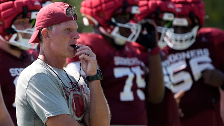 Oklahoma head coach Brent Venables looks on at a Sooners' fall camp practice. Oklahoma head coach Brent Venables looks on at a Sooners' fall camp practice.