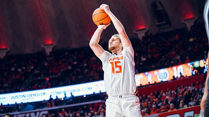Illinois forward Jake Davis (15) rises up to fire one of his five made three-pointers in the Illini's 90-55 win over Southern on Monday at the State Farm Center in Champaign, Illinois.